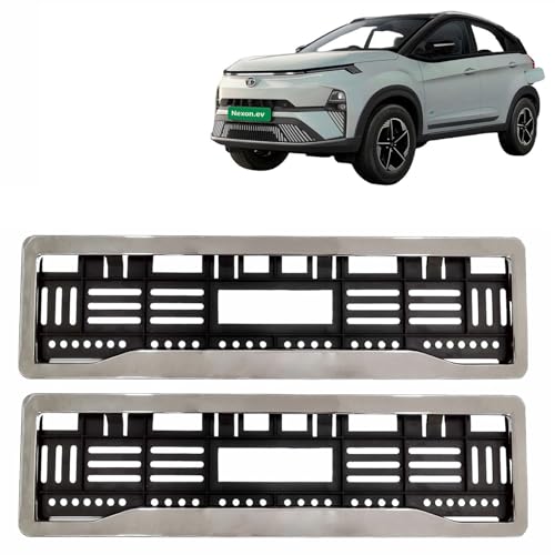 Image of KINGSWAY Nexon EV Car Number Plate Frames Chrome for All 2023 Onwards Models of Tata Car Registration Plate Holders, Licence Plate Covers (Front and Rear), Universal Size 51.5 x 14.5 cm