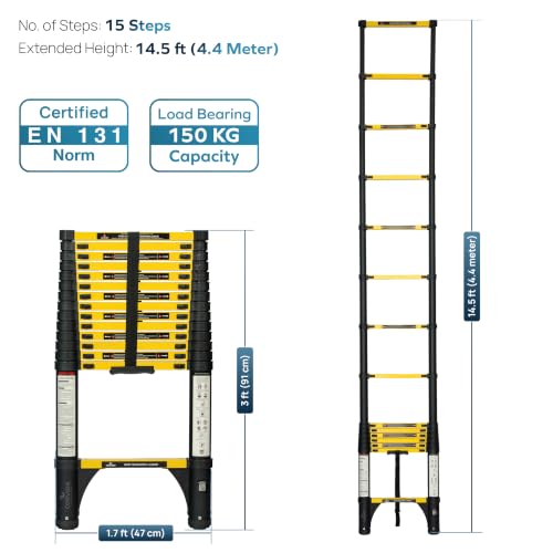 Image of Corvids 4.4m (14.5 ft) Folding Carbon Steel Telescopic Ladder, 2-Year Warranty, 15-Step Heavy Duty Extension Ladder, Q195 Rustproof Alloy Steel, Portable & Collapsible Ladder for Home & Outdoor use