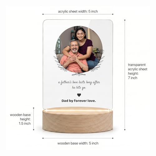 Image of Giftplease Fathers Day Personalized Rectangle Acrylic LED Frame - Custom Single Round Photo Wood Stand Tabletop Showcase with Floral Wreath Graphic For Grandpa Birthday, Dad, Stepdad