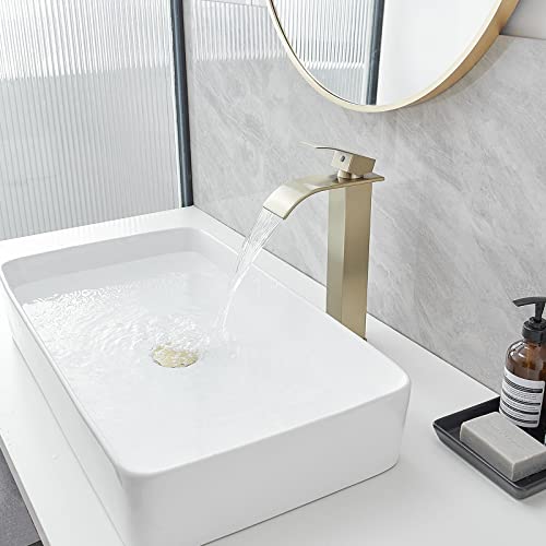 Bathfinesse Vessel Sink Faucet Brushed Gold Waterfall Spout Faucet For Bathroom Sink Tall Single Handle One Hole Deck Mount Bowl Vanity Sink Taps With Pop-Up Drain Stopper #TOP2