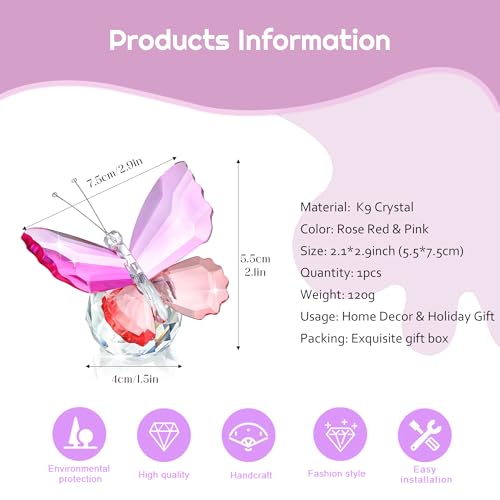 Image of Rose Red and Pink Crystal Butterfly with Ball Base Figurine Decor | Rose Red and Pink Crystal Butterfly Figurine with Ball Base Glass Animal Ornament for Home Office Desk Shelf Display