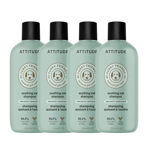 Image of Attitude Soothing Oatmeal Shampoo for Cat and Dog, Plant and Mineral-Based Ingredients, Vegan and Cruelty-Free Products for Pet, Soothing, Unscented, 16 Fl Oz (Pack of 4)