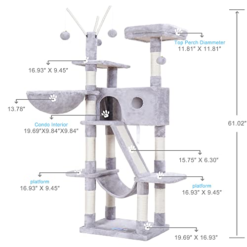 Hey-Brother Cat Tree, 61 Inch Cat Tower For Indoor Cats, Cat House With Padded Platform Bed, Toy Balls, Large Cozy Condo, Hammocks And Sisal Scratching Posts, Light Gray Mpj019W #TOP2