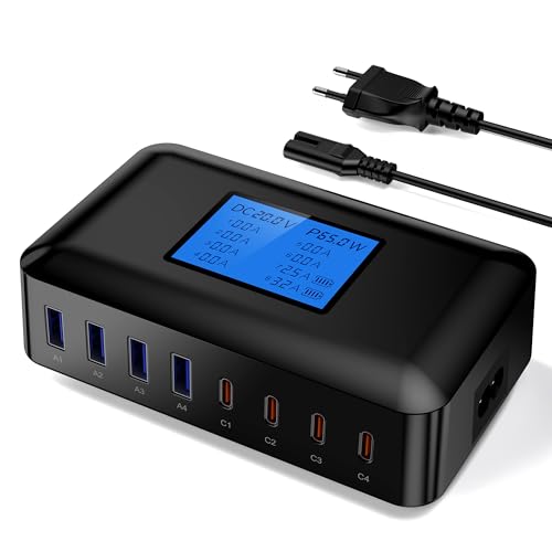 200 W USB-laddare multifack, RENGOGA 8-port USB C-laddare GaN USB C, snabbladdare med LED-skärm, 65 W USB-laddningsstation, pluggladdare, adapter för iPad Pro Air MacBook iPhone 16 15 14 Galaxy S24