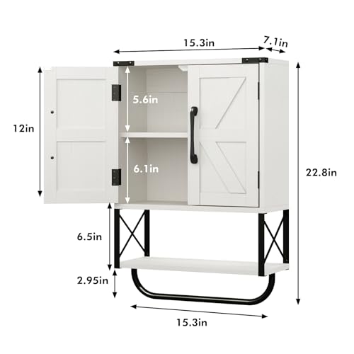 RUSTOWN Farmhouse Rustic Medicine Cabinet with Two Barn Door,Wood Wall Mounted Storage Cabinet with Adjustable Shelf and Towel Bar, 3-Tier Cabinet for Bathroom, Living Room(Vintage White)