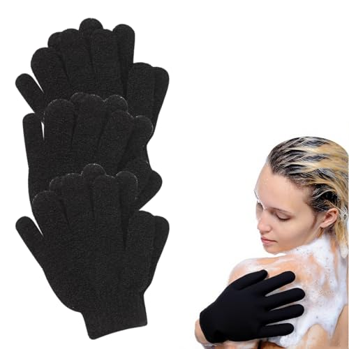 3 Paio Guanto Esfoliante, Guanti Da Bagno Esfolianti Cinque, Bambini e Uomo Donna A, Guanti a Doppia Faccia per,Doccia,Vasca,Spa,Massaggio - Nero