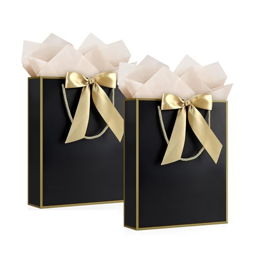 Image of JMANNI Gift Bag, 2PCS Gift Bags Large with Ribbon and 2 Greeting Cards 4 Tissue Paper, Portable Paper Gift Bag with Handles, Birthday Gift Bags,Present Bags for Wedding Party Mothers Day(Black-Gold)
