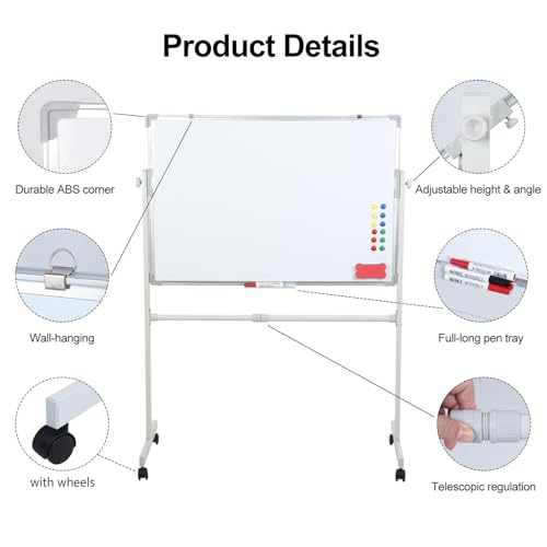 Pizarra blanca móvil de doble cara, 60 x 90 cm, pizarra blanca magnética borrable en seco sobre ruedas con marco de aluminio y soporte - imagen 3