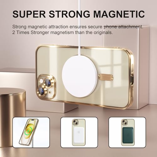 Image of Misea Magnetic for iPhone 15 Plus Case Compatible with MagSafe Gold | [Never Yellowing] [Military Drop Protection] Full Camera Lens Protector Plating Soft Clear Phone Case for Women, Gold