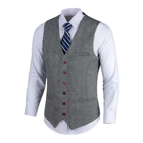 Wehilion Mens Tweed Vest Herringbone Full Back Wool Blend V-Neck Slim Fit Waistcoat