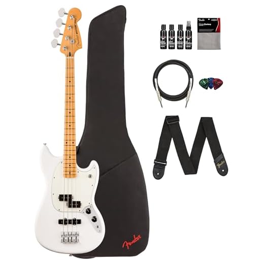 Fender Player II Mustang Bass PJ - Polar White Bundle with Gig Bag, Strap, Cable, 3-Pack Picks and Guitar Cleaning Kit
