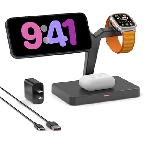 GEEKERA Magnetic 3 in 1 Wireless Charging Station, Fast Wireless Charger Stand Dock, Wireless Charger for iPhone 15/14/13/12 Pro Max, Apple Watch 9/8/7/6/SE/5/4/3/2, AirPods 3/2/Pro Cover