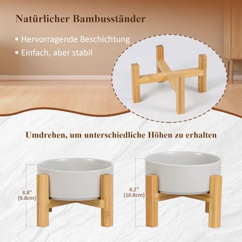 Erhöhter Futternapf aus Keramik für Katzen - Katzennapf mit Napfständer aus Holz und rutschfesten Füßen - Fressnapf aus Keramik für Katzen und Welpen - Für Futter und Wasser - 400 ml - Weiß