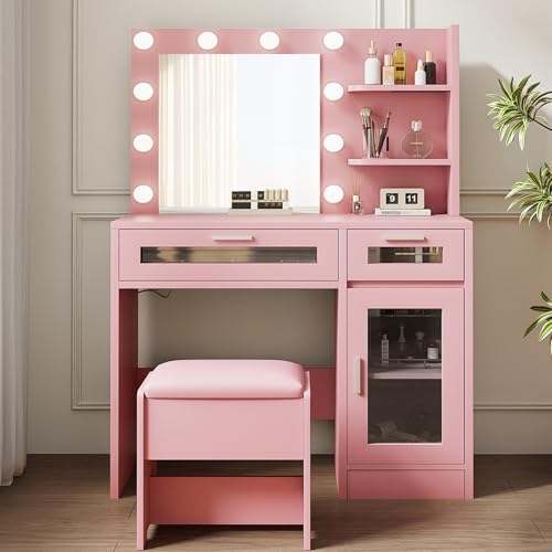 LIVELYGLOW Makeup Vanity Desk Set with Lights and Mirror, Pink, 35.4" W x 15.7" D x 54" H (Adjustable Light Bulbs & Dimming Function, with Cushion Stool，2 Drawers and 1 Cabiniet, Open Shelves)