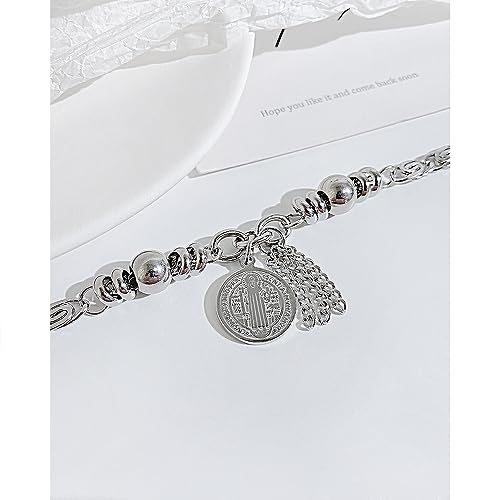 TEMICO Stainless Steel Cross Saint Benedict Coin Charm Bracelet for Women Catholic Exorcism Protection Jewelry4
