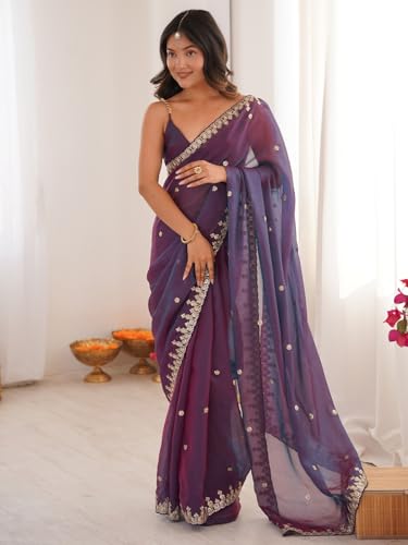 Image of AKHILAM Women's Shimmer Chiffon Sequence Embroidery Saree With Unstitched Blouse Piece(AARYAN21601 KR Parent)