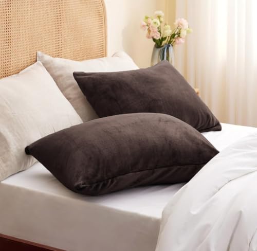 Image of Sands Premium Ultra Soft Woollen Pillow Cover Set of 2 for Winter with Zipper Closure, Cozy Pillow Case Perfect for Warmth, Flannel Warm Pillowcases, King size-18X28 Inches (Chocolate)