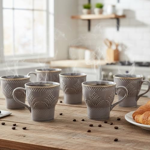 Image of Clay Craft Fine Ceramic Tea Cups Set of 6| 120 Ml Designer Cups with Elegant Texture & Gold Rim | Ideal for Tea Serving| Home| Guests & Gifting