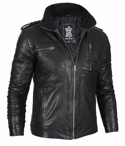 Image of Blingsoul Stylish Black & Brown Cafe Racer Leather Jacket For Men - Real Lambskin Leather Motorcycle Jacket Mens