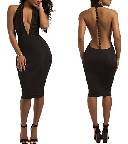 Sexy Deep V-Neck Backless Bodycon Club Dress (S) Black