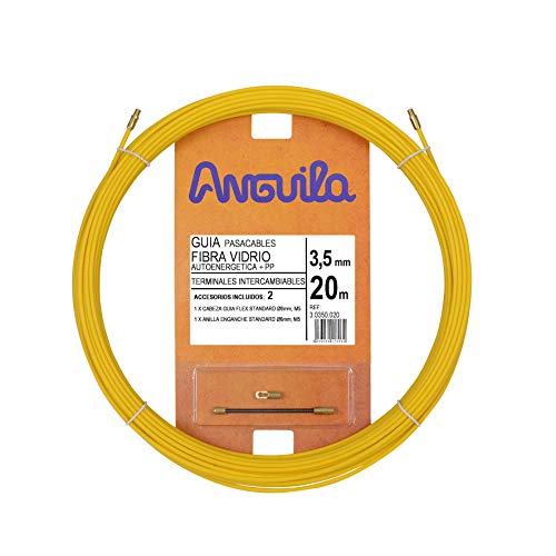 Anguila - Guía pasacables Fibra de Vidrio + Polipropileno, 20 m, Diámetro 3.5 mm, Terminales Intercambiables, Amarillo.