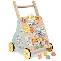GiggleGems Wooden Baby Walker, Multiple Learning Activities Center Develops Motor Skills for Infant to Toddler, Push and Pull Walkers with Wheel for Boys Girls