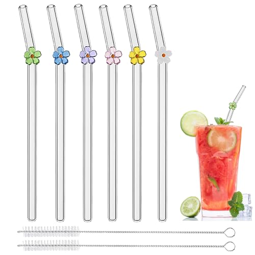 Wiederverwendbare Glas-Trinkhalme bruchfest 20 x 8 mm niedlich transparent für Smoothies Kaffee Saft Milch Cocktails Set mit 6 gebogenen und 2 Reinigungsbürsten