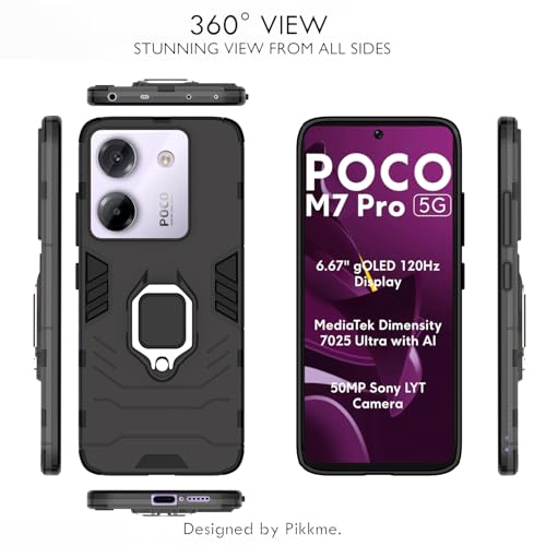 Image of Pikkme Back Cover for Poco M7 Pro 5G | 360 Protection Case | Ring Holder Stand D5 Tough Armor Bumper Case (Black)