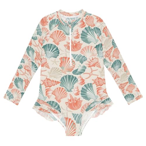 Colorful Seashells 1 Girls Long Sleeve Swimsuits One Piece Zipper Bathing Suit UPF 50+ Rashguard Swimwear