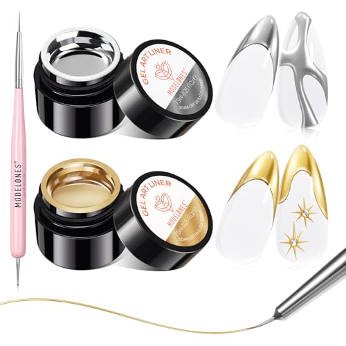 modelones Chrome Gold Silver Gel Liner Nail Polish Metallic Mirror French Tip 3D Nail Art Effect with Double Head Thin Swirl Brush Painting Tool for U V DIY Salon Christmas Manicure Gift for Women