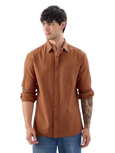 Image of The Souled Store Bold Black Men and Boys Long Sleeve Collared Neck Buttoned Front Regular Fit Cotton Linen Shirts