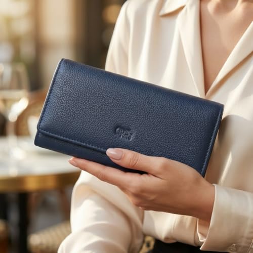 Image of Women's Top Grain Leather Wallet, RFID Blocking Bifold clutch, 17 Card Slots, Zip Pocket Organizer, Elegant Gift for Women - Birthday, Valentine, Anniversary - BLUE