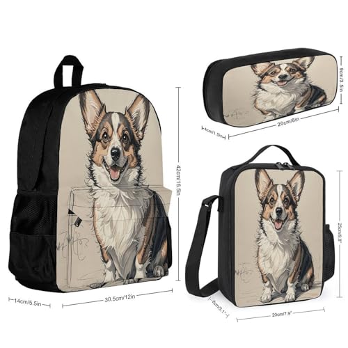 3-in-1 Backpack Combination Set Hand Drawn Sketch Corgi Print 3Pcs Backpack Sets Travel Daypack with Lunch Bag And Cosmetic Bag2