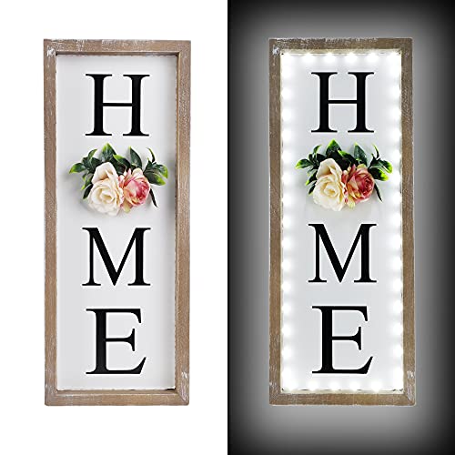 SAND MINE Lighted Wooden Home Sign for Home Wall Decor, Farmhouse Home Plaque Hanging Sign with Artificial Flowers, Lighted Farmhouse Home Decor Letters for Bedroom Living Room Entryway, 8.7" x 21.7"