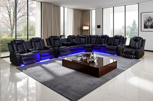 Image of Power Breathing Leather Reclining Sofa, Power Recliner Sectional Sofa with Reading lamp /LED Light, Sectional Reclining Loveseat Couch with Hide-Away Storage for Living Room
