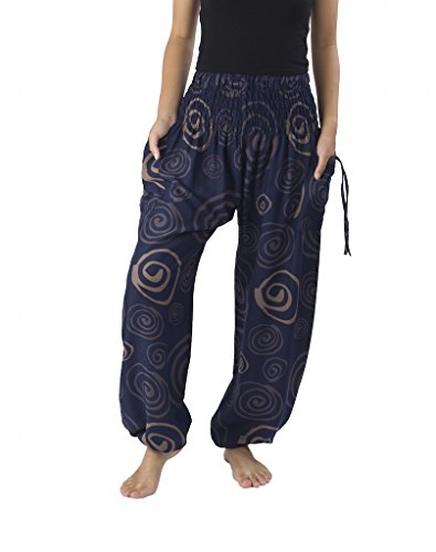 Lannaclothesdesign Women's Smocked Circle Printed Hippie Boho Pants (M, Dark Blue)