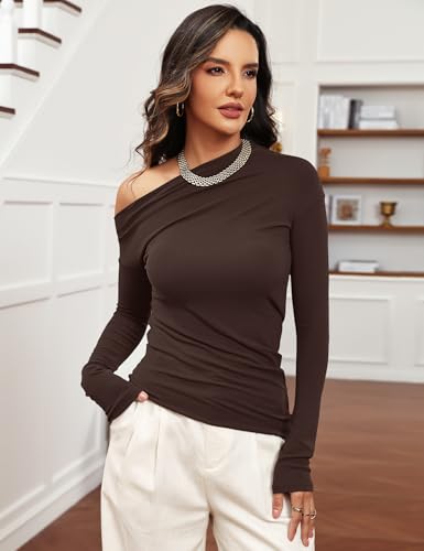 Women's Sexy Off Shoulder Tops Dressy Long Sleeve Asymmetrical Slim Fit Going Out Fall Blouse Ruched Shirts2