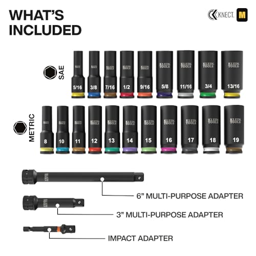 Image of Klein Tools 65121IMPCT KNECT Deep-Well 3 /8-Inch Drive Impact Socket Set, SAE and Metric, 23-Piece Tool Set, Impact Driver Adapter, Multi-Purpose Wrench Adapter, Color-Coded, MODbox Socket Organizer
