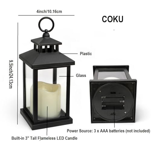 Image of Coku LT-22 Vintage LED Lantern with Pillar Candle, Battery Operated Wall Hanging Lamp, Flameless Antique Glass Holder for Home Decor, Diwali (Black, Pack 2)