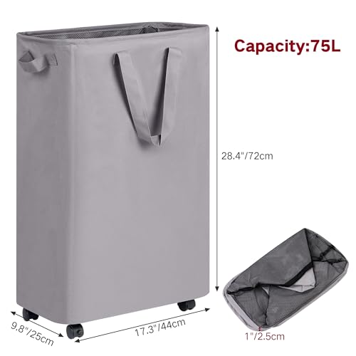 efluky Slim Laundry Hamper with Wheels, Rolling Laundry Basket for Clothes, Small Laundry Basket for Bedroom, Dorm and Laundry Room, 75L (19.8 Gallons) Grey