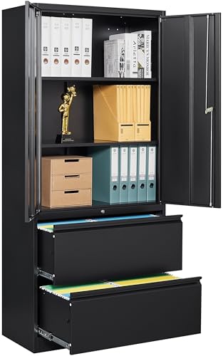 SISESOL 2 Drawer Lateral File Cabinet with Lock and Shelf,71' Black Filing Storage Cabinet with...