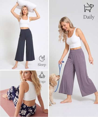 Image of GYS Bamboo Viscose Wide Leg Capri Pants for Women, Ultra-Soft Pajama Bottom | Lightweight Culottes Cropped Lounge Pants, Flowy Yoga Pants, High Waist PJ Bottoms, Knitted Ladies Gaucho Pants