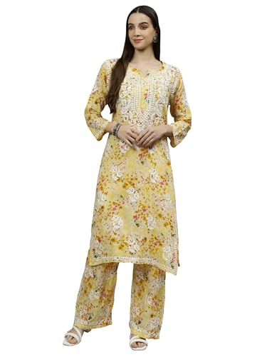 Image of Seva Chikan Hand Embroidered Lucknowi Chikankari Mal Mal Straight Printed Kurta & Palazzo Set for Women SCL8041