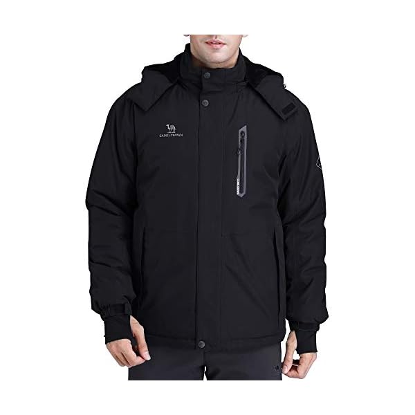 CAMEL CROWN Men's Mountain Snow Waterproof Ski Jacket Detachable Hood Windproof Fleece Parka Rain Jacket Winter Coat Black XXL