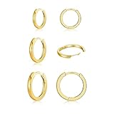 Small Gold huggie hoop earrings for Women | 3 Pairs Tiny Sterling Silver Hypoallergenic Cartilage Earring Hoop | 14k Gold Mini Piercing Jewelry for Women Men (Gold 6 8 10MM)