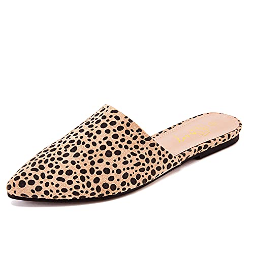 FISACE Womens Backless Slip On Pointed Toe Flat Sandals Low Heel Mule Dress Loafer Slide Slipper Shoes (1-Leopard, numeric_10)