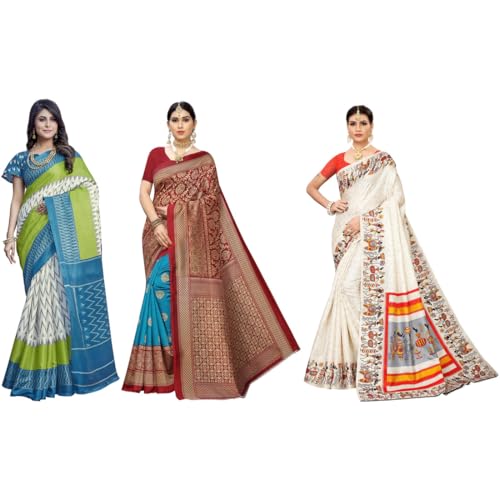 Image of Yashika Women's Sarees Women's Combo Art Silk Printed Saree With Unstitched Blouse Piece |saree for Women | saree combo | New Sari | Saree Pack Of 3