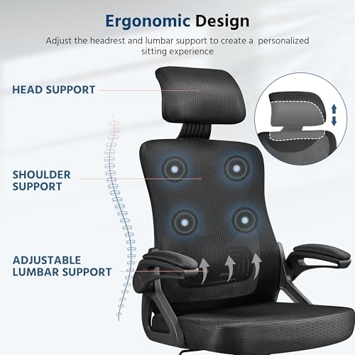 Image of Yaheetech Ergonomic Office Chair, High Back Desk Chair with Headrest and Flip-up Armrest Lumbar Support for Home Office Meeting Room Study, Black