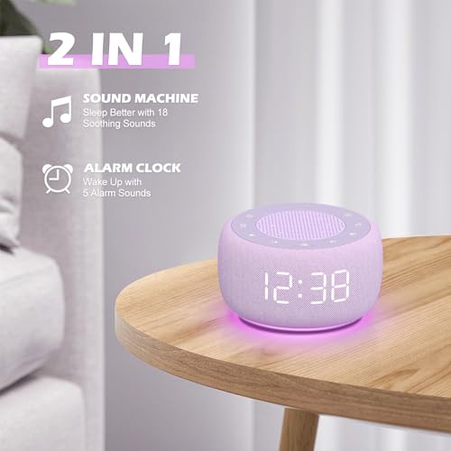BUFFBEE Sound Machine & Alarm Clock 2-in-1, 18 Soothing Sounds, 7 Night Light, Sleep Timer, Precise 30-Level Volume Control White Noise Machine - Purple