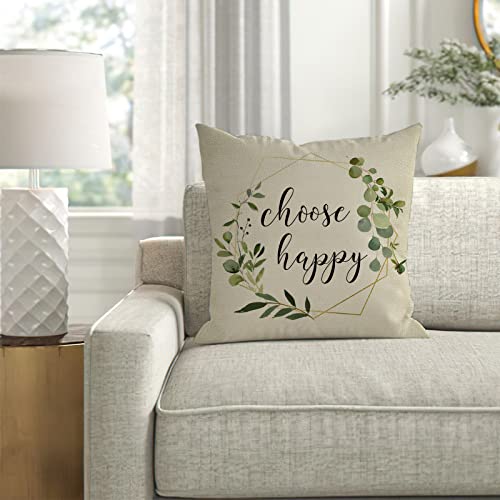 Fbcoo Choose Happy Eucalyptus Pillow Cover, Olive Branch Wreath Inspirational Quote Cushion Case Decor Sign, Fall Autumn Seasonal Farmhouse Home Square Pillowcase Decoration For Sofa Couch 18X18 #TOP4